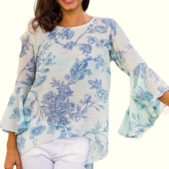 Lauren Conrad Floral Flutter Sleeve Top SeaFoam Green Women’s XL Split Back Boho - Picture 7 of 15